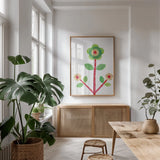 Flower Power I by Melissa Averinos. shown as a print in a natural wood frame in a dining room. Available as a archival giclee rolled canvas, fine art paper, or poster print. SKU 34028h.