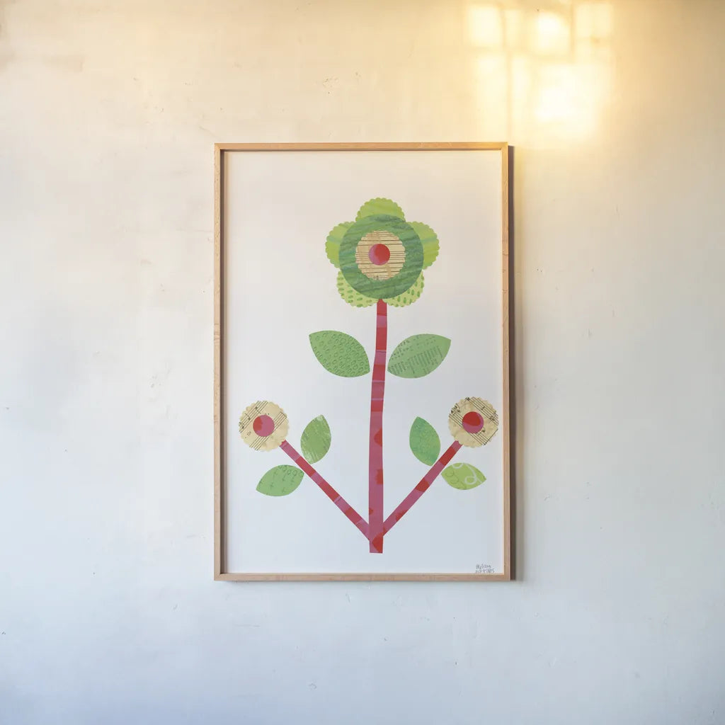 Flower Power I by Melissa Averinos. shown as a paper print in a natural frame. Available as a archival giclee rolled canvas, fine art paper, or poster print. SKU 34028h.