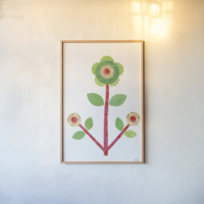 Flower Power I by Melissa Averinos. shown as a paper print in a natural frame. Available as a archival giclee rolled canvas, fine art paper, or poster print. SKU 34028h.