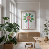 Flower Power II by Melissa Averinos. shown as a print in a natural wood frame in a dining room. Available as a archival giclee rolled canvas, fine art paper, or poster print. SKU 34029h.