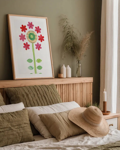 Flower Power III by Melissa Averinos. shown as a paper print in a natural frame. Available as a archival giclee rolled canvas, fine art paper, or poster print. SKU 34030h.