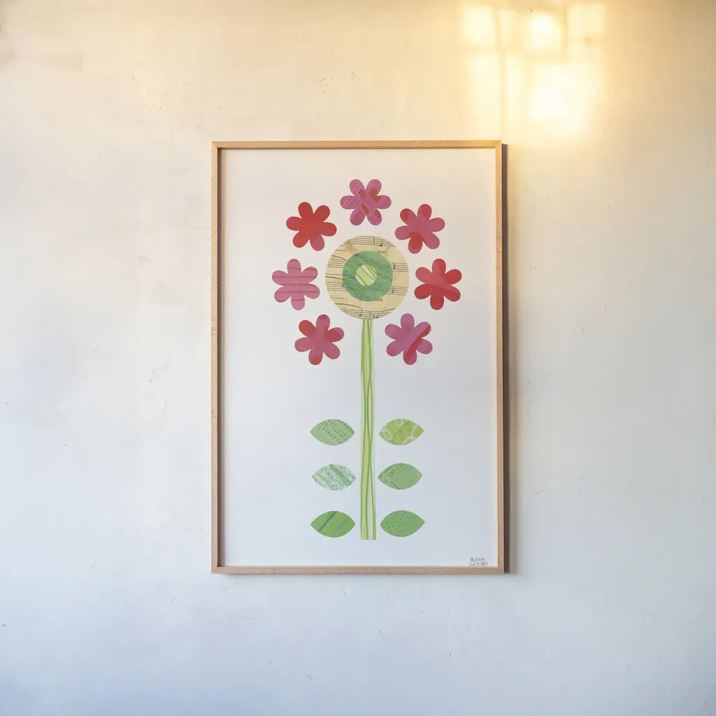Flower Power III by Melissa Averinos. shown as a paper print in a natural frame. Available as a archival giclee rolled canvas, fine art paper, or poster print. SKU 34030h.