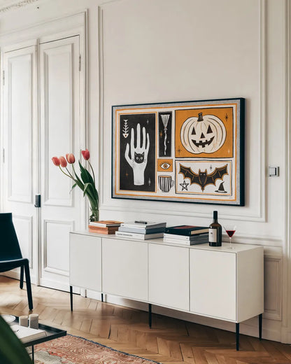 Frightfully Wicked I by Melissa Averinos. shown as a framed stretched canvas in a living room above a console. Available as a archival giclee rolled canvas, fine art paper, or poster print. SKU 62789i.