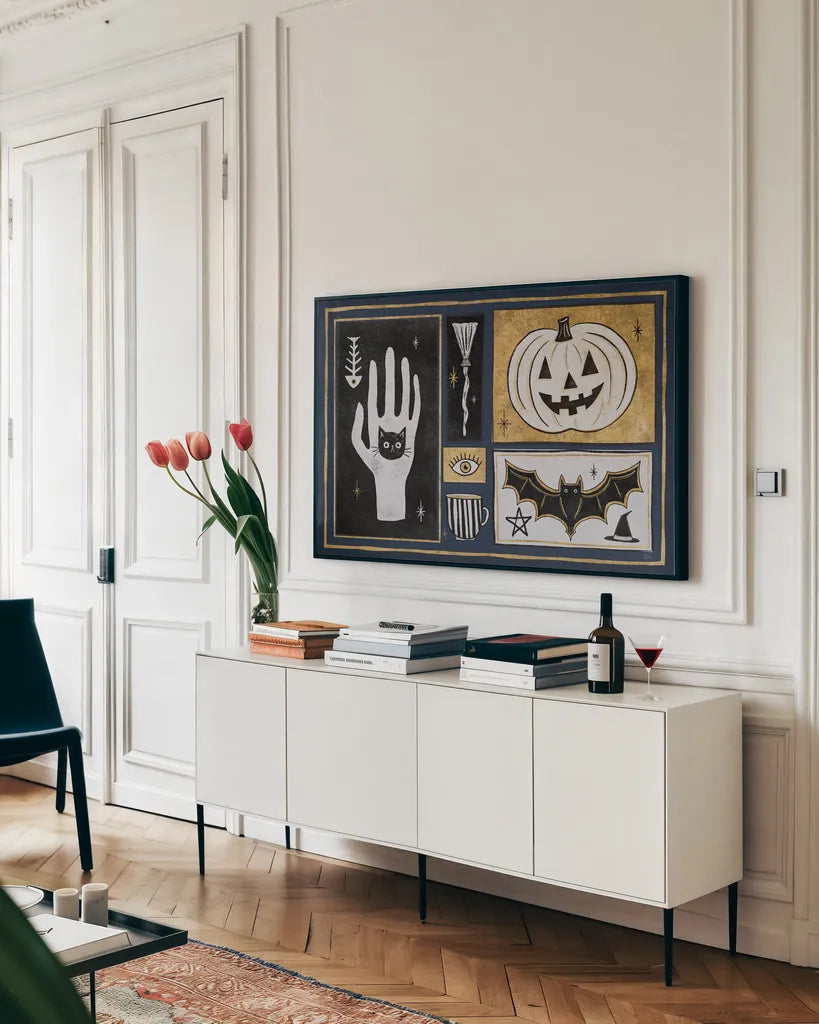 Frightfully Wicked I Dark by Melissa Averinos. shown as a framed stretched canvas in a living room above a console. Available as a archival giclee rolled canvas, fine art paper, or poster print. SKU 65037i.