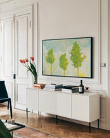Golden Hour I by Melissa Averinos. shown as a framed stretched canvas in a living room above a console. Available as a archival giclee rolled canvas, fine art paper, or poster print. SKU 27601i.