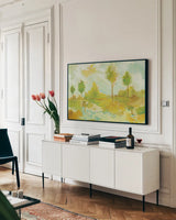 Golden Hour IV by Melissa Averinos. shown as a framed stretched canvas in a living room above a console. Available as a archival giclee rolled canvas, fine art paper, or poster print. SKU 28603i.
