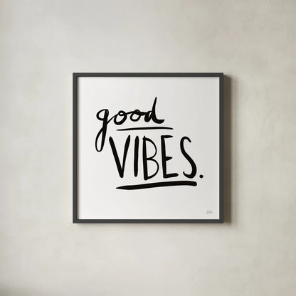 Good Vibes by Melissa Averinos. Shown in a sleek black glass frame for a contemporary gallery look. Available as an archival giclee rolled canvas, fine art paper, or poster print. SKU 64427a.