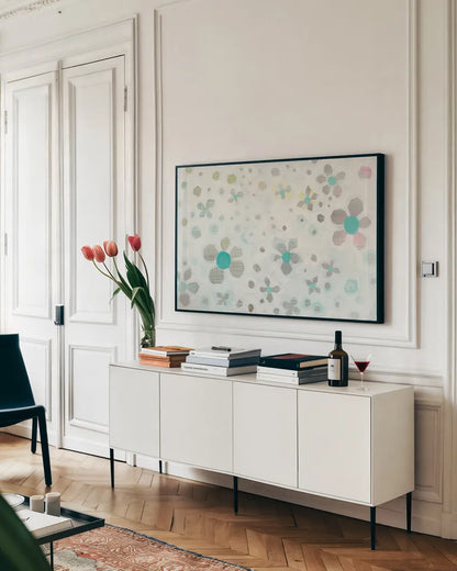 Graph Blooms by Melissa Averinos. shown as a framed stretched canvas in a living room above a console. Available as a archival giclee rolled canvas, fine art paper, or poster print. SKU 25662i.