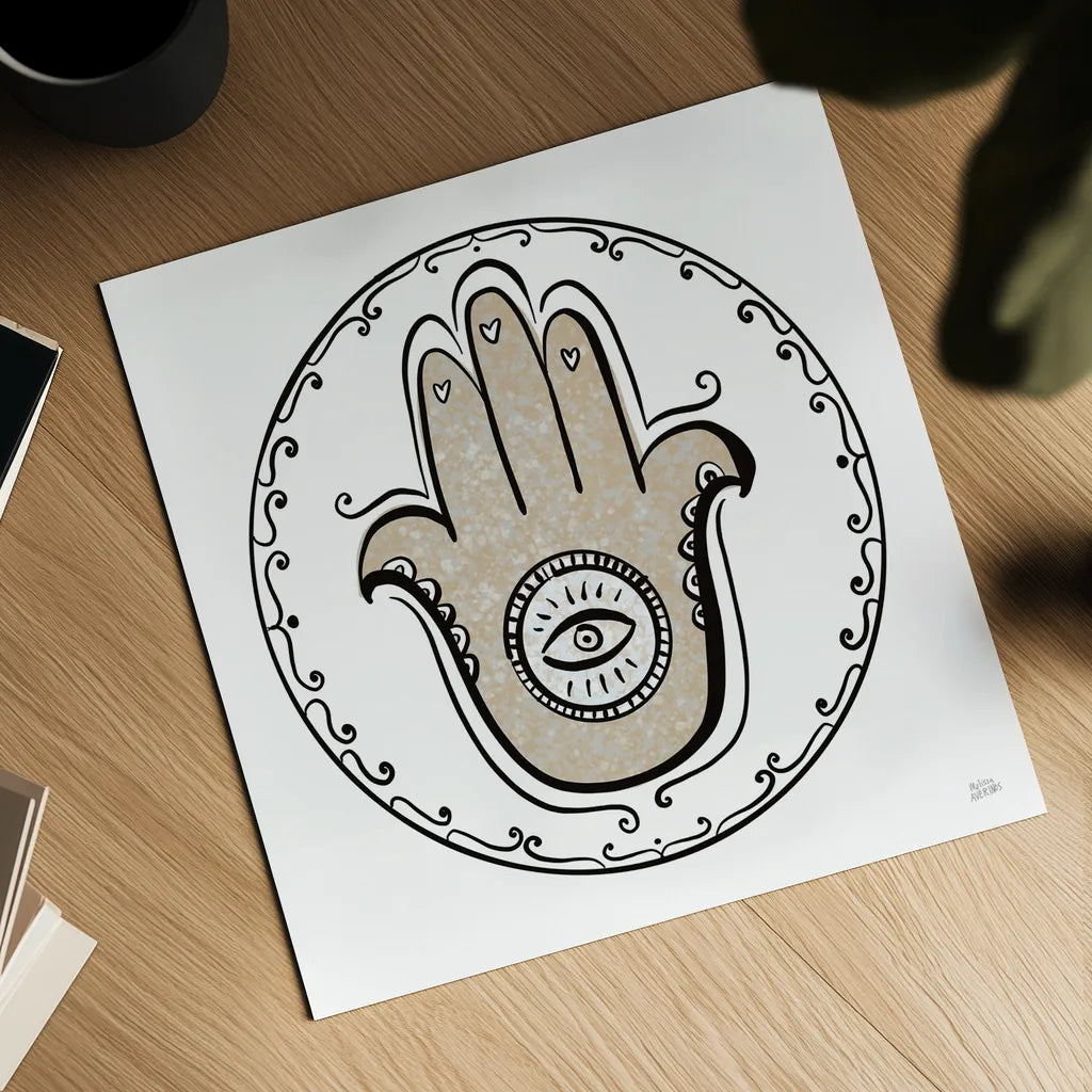 Graphic Hamsa by Melissa Averinos. Shown as a detailed flat fine art print, highlighting archival giclee quality. Available as an archival giclee rolled canvas, fine art paper, or poster print. SKU 64430a.