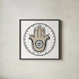 Graphic Hamsa by Melissa Averinos. Shown in a sleek black glass frame for a contemporary gallery look. Available as an archival giclee rolled canvas, fine art paper, or poster print. SKU 64430a.