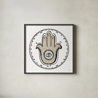 Graphic Hamsa by Melissa Averinos. Shown in a sleek black glass frame for a contemporary gallery look. Available as an archival giclee rolled canvas, fine art paper, or poster print. SKU 64430a.