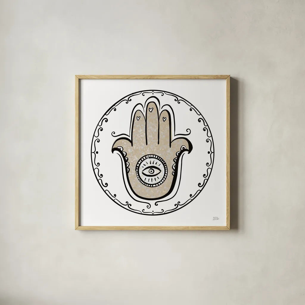Graphic Hamsa by Melissa Averinos. Shown in a natural wood glass frame for a timeless modern aesthetic. Available as an archival giclee rolled canvas, fine art paper, or poster print. SKU 64430a.