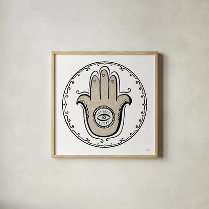 Graphic Hamsa by Melissa Averinos. Shown in a natural wood glass frame for a timeless modern aesthetic. Available as an archival giclee rolled canvas, fine art paper, or poster print. SKU 64430a.
