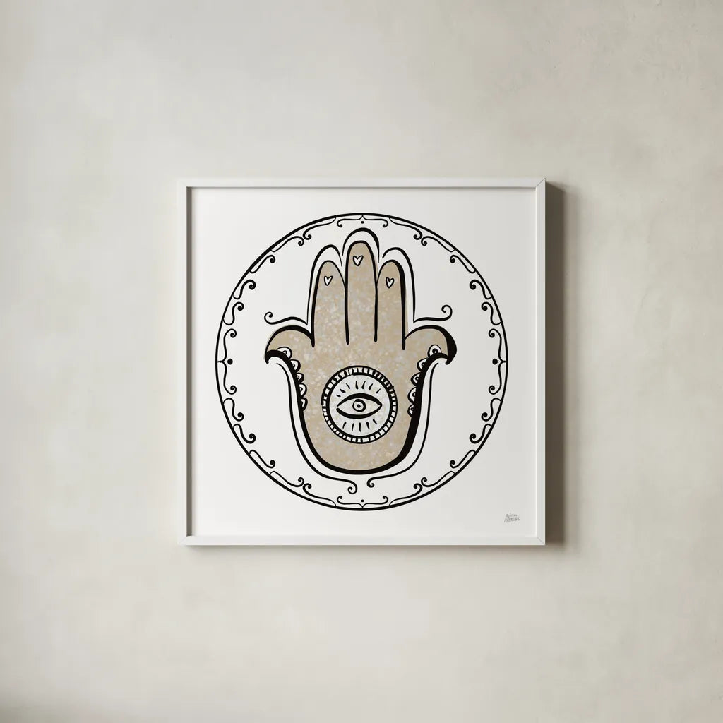 Graphic Hamsa by Melissa Averinos. Shown in a crisp white glass frame for a clean and minimalist style. Available as an archival giclee rolled canvas, fine art paper, or poster print. SKU 64430a.