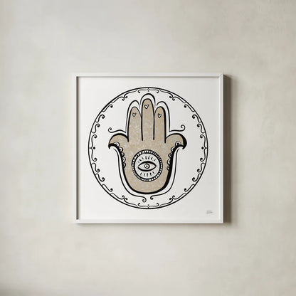 Graphic Hamsa by Melissa Averinos. Shown in a crisp white glass frame for a clean and minimalist style. Available as an archival giclee rolled canvas, fine art paper, or poster print. SKU 64430a.