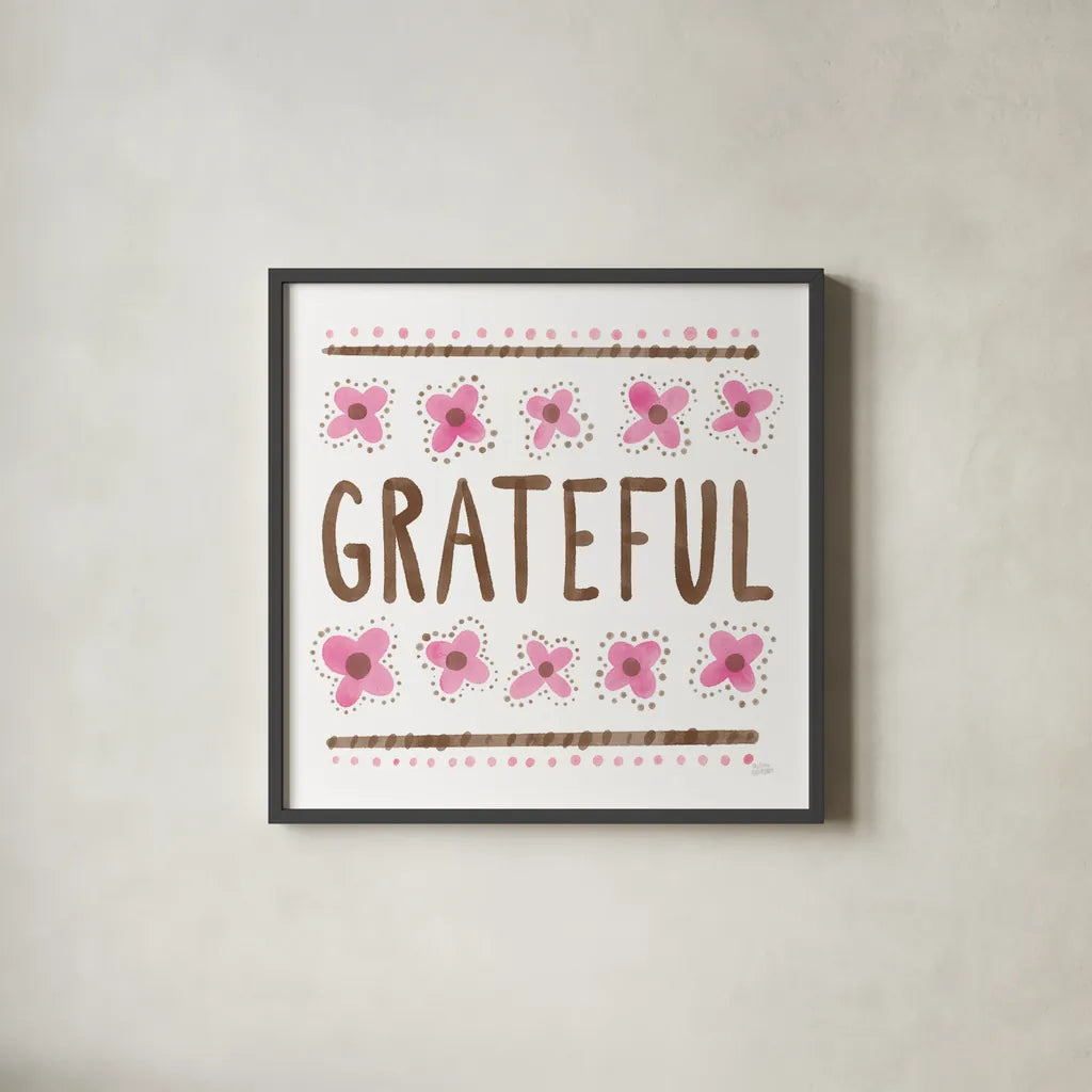 Grateful by Melissa Averinos. Shown in a sleek black glass frame for a contemporary gallery look. Available as an archival giclee rolled canvas, fine art paper, or poster print. SKU 59981a.