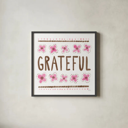 Grateful by Melissa Averinos. Shown in a sleek black glass frame for a contemporary gallery look. Available as an archival giclee rolled canvas, fine art paper, or poster print. SKU 59981a.
