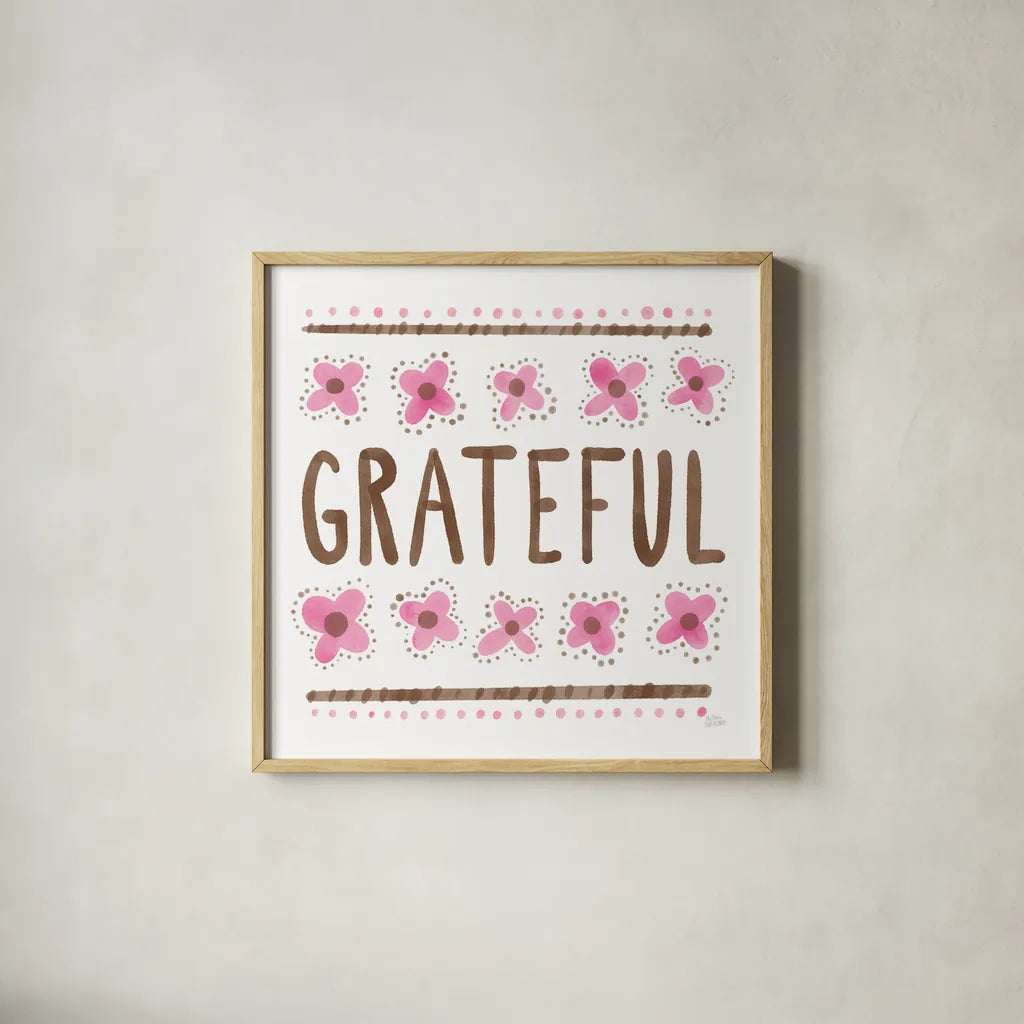 Grateful by Melissa Averinos. Shown in a natural wood glass frame for a timeless modern aesthetic. Available as an archival giclee rolled canvas, fine art paper, or poster print. SKU 59981a.