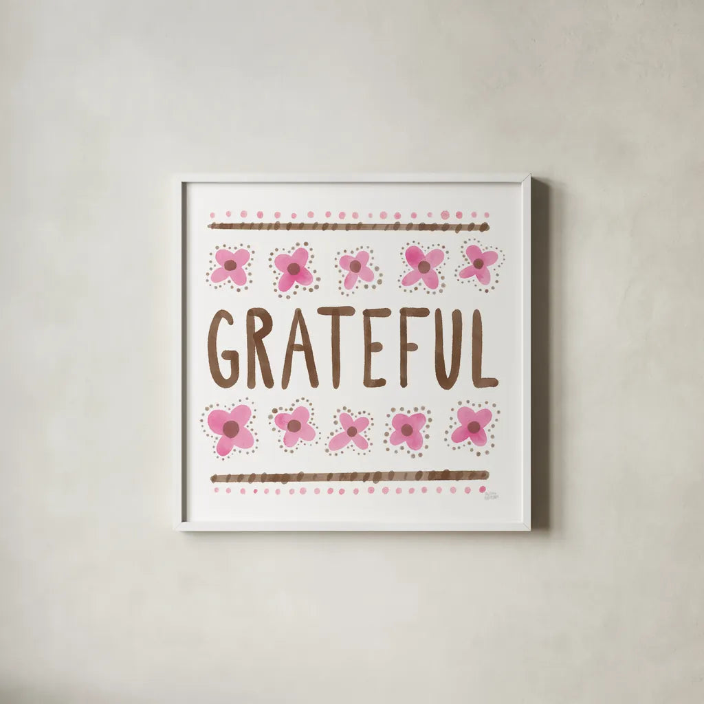 Grateful by Melissa Averinos. Shown in a crisp white glass frame for a clean and minimalist style. Available as an archival giclee rolled canvas, fine art paper, or poster print. SKU 59981a.