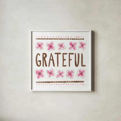 Grateful by Melissa Averinos. Shown in a crisp white glass frame for a clean and minimalist style. Available as an archival giclee rolled canvas, fine art paper, or poster print. SKU 59981a.