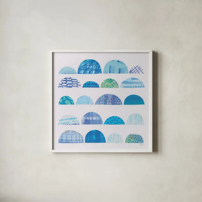 Half Moon Abstract I by Melissa Averinos. Shown in a crisp white glass frame for a clean and minimalist style. Available as an archival giclee rolled canvas, fine art paper, or poster print. SKU 32875a.