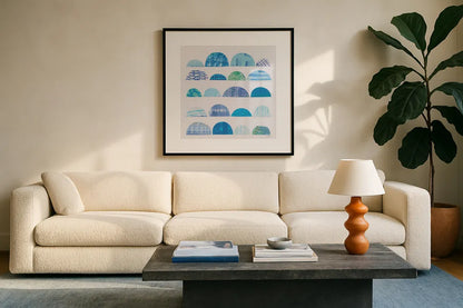Half Moon Abstract I by Melissa Averinos. Displayed in a glass frame with matte in a clean modern living room. Available as an archival giclee rolled canvas, fine art paper, or poster print. SKU 32875a.
