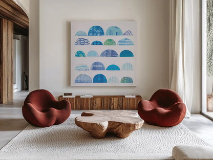 Half Moon Abstract I by Melissa Averinos. Shown as extra-large giant wall art in a modern living room. Available as an archival giclee rolled canvas, fine art paper, or poster print. SKU 32875a.