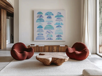 Half Moon Abstract III by Melissa Averinos. Shown as extra-large giant wall art in a modern living room. Available as an archival giclee rolled canvas, fine art paper, or poster print. SKU 32877a.