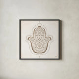 Hamsa Amulet by Melissa Averinos. Shown in a sleek black glass frame for a contemporary gallery look. Available as an archival giclee rolled canvas, fine art paper, or poster print. SKU 64428a.