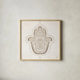 Hamsa Amulet by Melissa Averinos. Shown in a natural wood glass frame for a timeless modern aesthetic. Available as an archival giclee rolled canvas, fine art paper, or poster print. SKU 64428a.