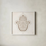 Hamsa Amulet by Melissa Averinos. Shown in a crisp white glass frame for a clean and minimalist style. Available as an archival giclee rolled canvas, fine art paper, or poster print. SKU 64428a.