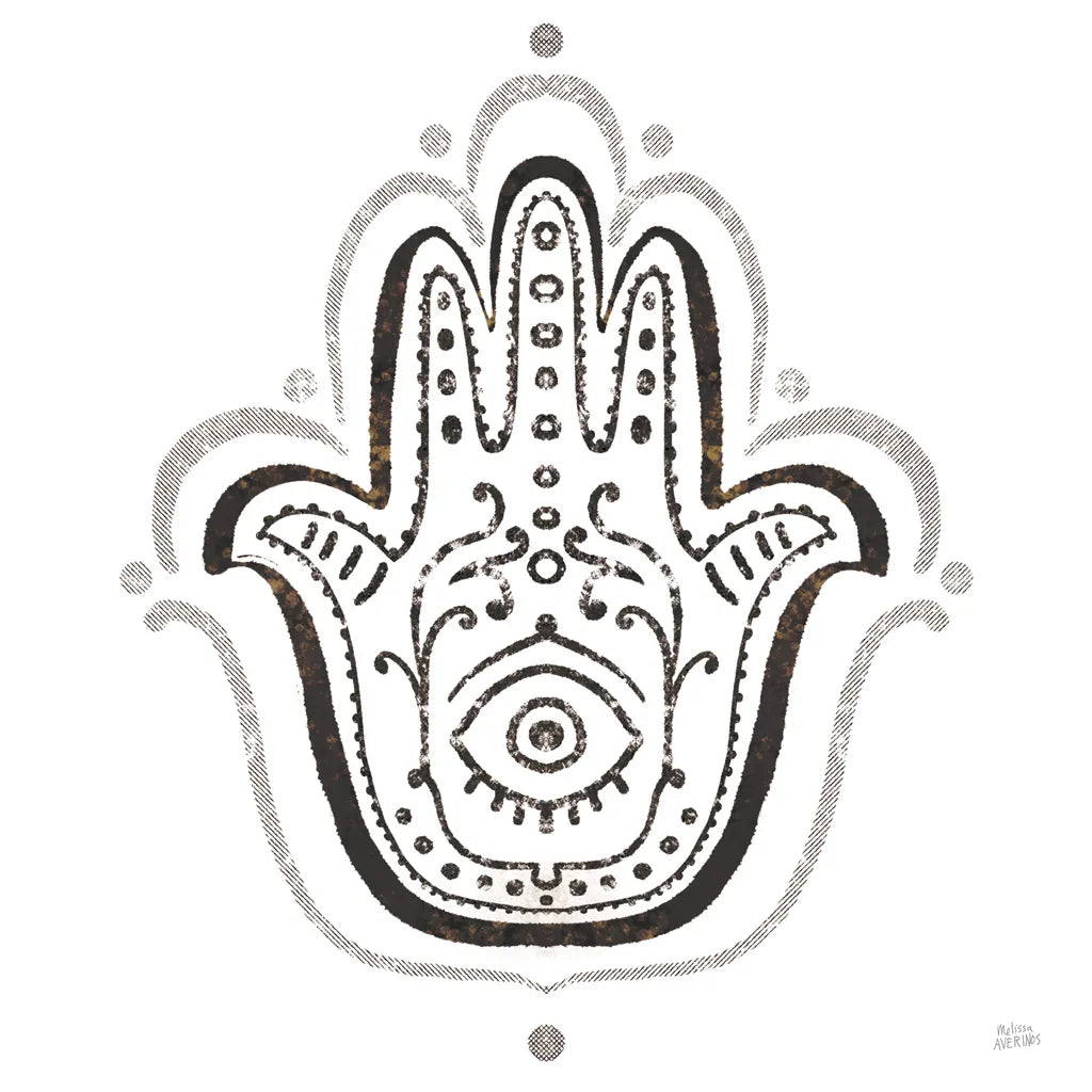 Hamsa Amulet in Black by Melissa Averinos. SKU 64429a. Archival Giclee Fine art print for wall decor.
