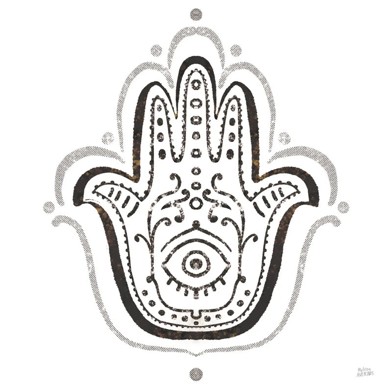 Hamsa Amulet in Black by Melissa Averinos. SKU 64429a. Archival Giclee Fine art print for wall decor.