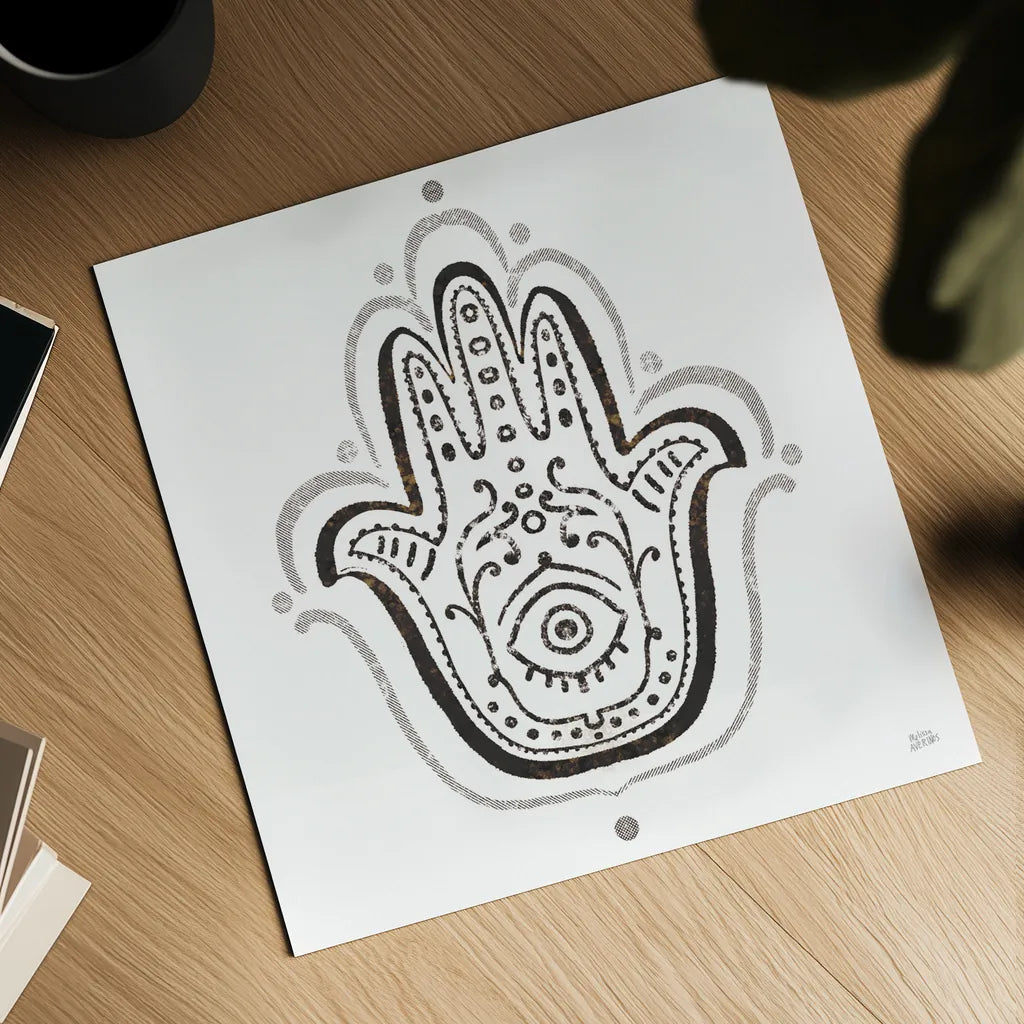 Hamsa Amulet in Black by Melissa Averinos. Shown as a detailed flat fine art print, highlighting archival giclee quality. Available as an archival giclee rolled canvas, fine art paper, or poster print. SKU 64429a.