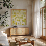 Harbor Windows III by Melissa Averinos. Shown in a natural wood frame in a cozy modern living room. Available as an archival giclee rolled canvas, fine art paper, or poster print. SKU 24992a.
