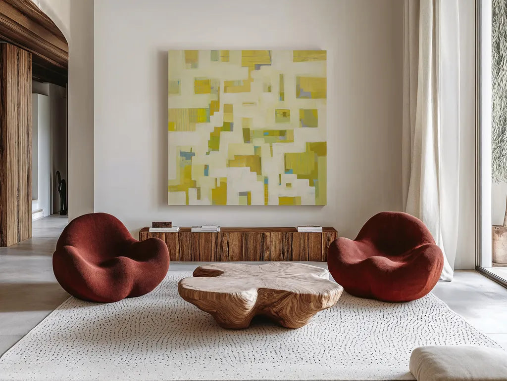 Harbor Windows III by Melissa Averinos. Shown as extra-large giant wall art in a modern living room. Available as an archival giclee rolled canvas, fine art paper, or poster print. SKU 24992a.