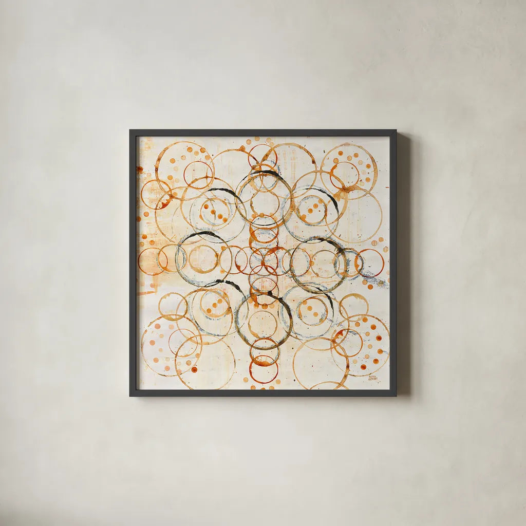 Henna Mandala I Crop by Melissa Averinos. Shown in a sleek black glass frame for a contemporary gallery look. Available as an archival giclee rolled canvas, fine art paper, or poster print. SKU 29697a.