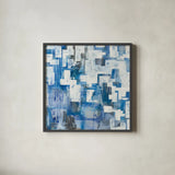 In Blue A Maze by Melissa Averinos. Shown in a sleek black glass frame for a contemporary gallery look. Available as an archival giclee rolled canvas, fine art paper, or poster print. SKU 27613a.