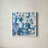 In Blue A Maze by Melissa Averinos. Shown in a crisp white glass frame for a clean and minimalist style. Available as an archival giclee rolled canvas, fine art paper, or poster print. SKU 27613a.