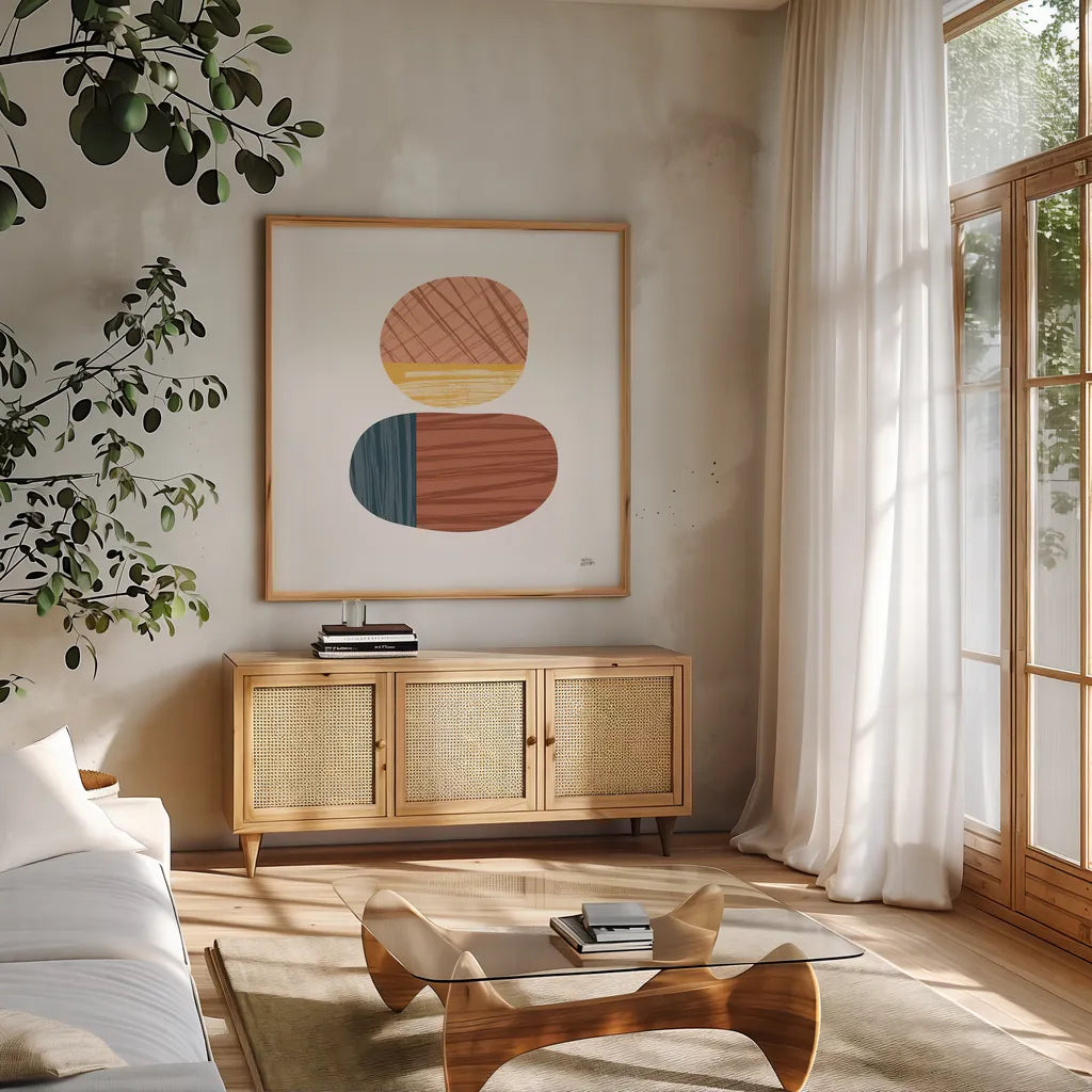 In Good Company II Pink by Melissa Averinos. Shown in a natural wood frame in a cozy modern living room. Available as an archival giclee rolled canvas, fine art paper, or poster print. SKU 71367a.