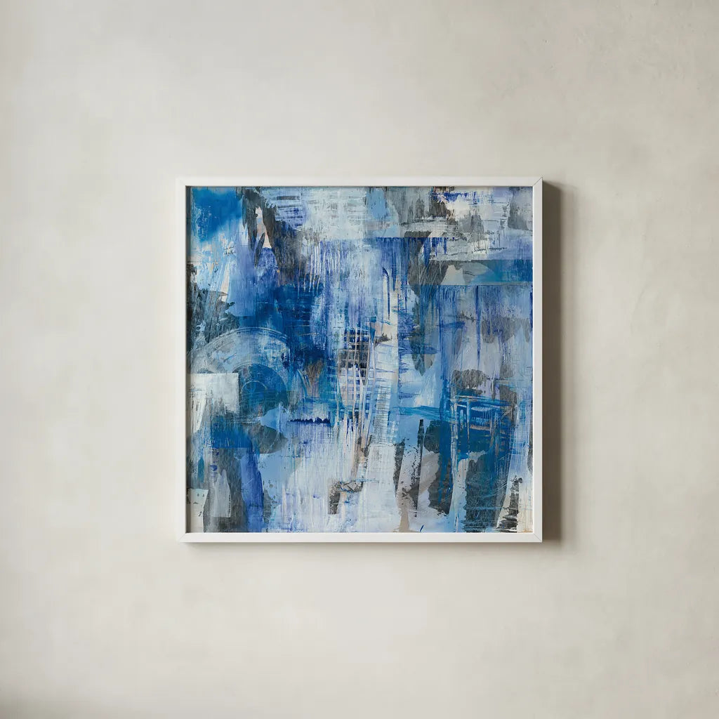 Industrial Blue by Melissa Averinos. Shown in a crisp white glass frame for a clean and minimalist style. Available as an archival giclee rolled canvas, fine art paper, or poster print. SKU 27610a.