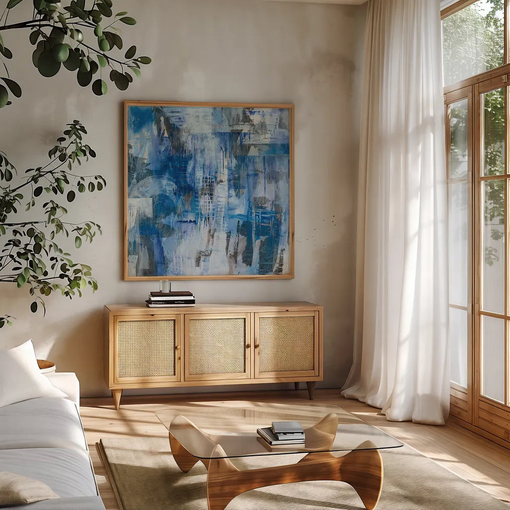 Industrial Blue by Melissa Averinos. Shown in a natural wood frame in a cozy modern living room. Available as an archival giclee rolled canvas, fine art paper, or poster print. SKU 27610a.