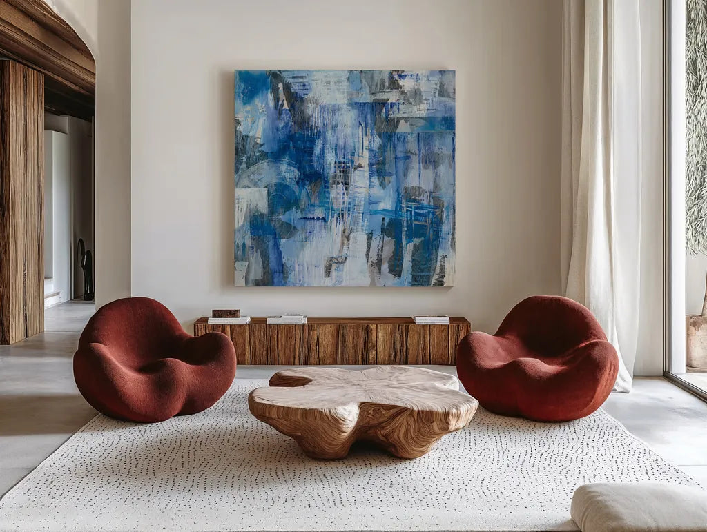 Industrial Blue by Melissa Averinos. Shown as extra-large giant wall art in a modern living room. Available as an archival giclee rolled canvas, fine art paper, or poster print. SKU 27610a.