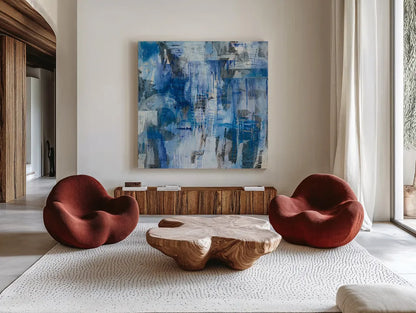 Industrial Blue by Melissa Averinos. Shown as extra-large giant wall art in a modern living room. Available as an archival giclee rolled canvas, fine art paper, or poster print. SKU 27610a.