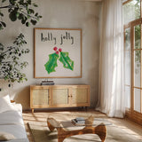 Joyful Season II by Melissa Averinos. Shown in a natural wood frame in a cozy modern living room. Available as an archival giclee rolled canvas, fine art paper, or poster print. SKU 35343a.