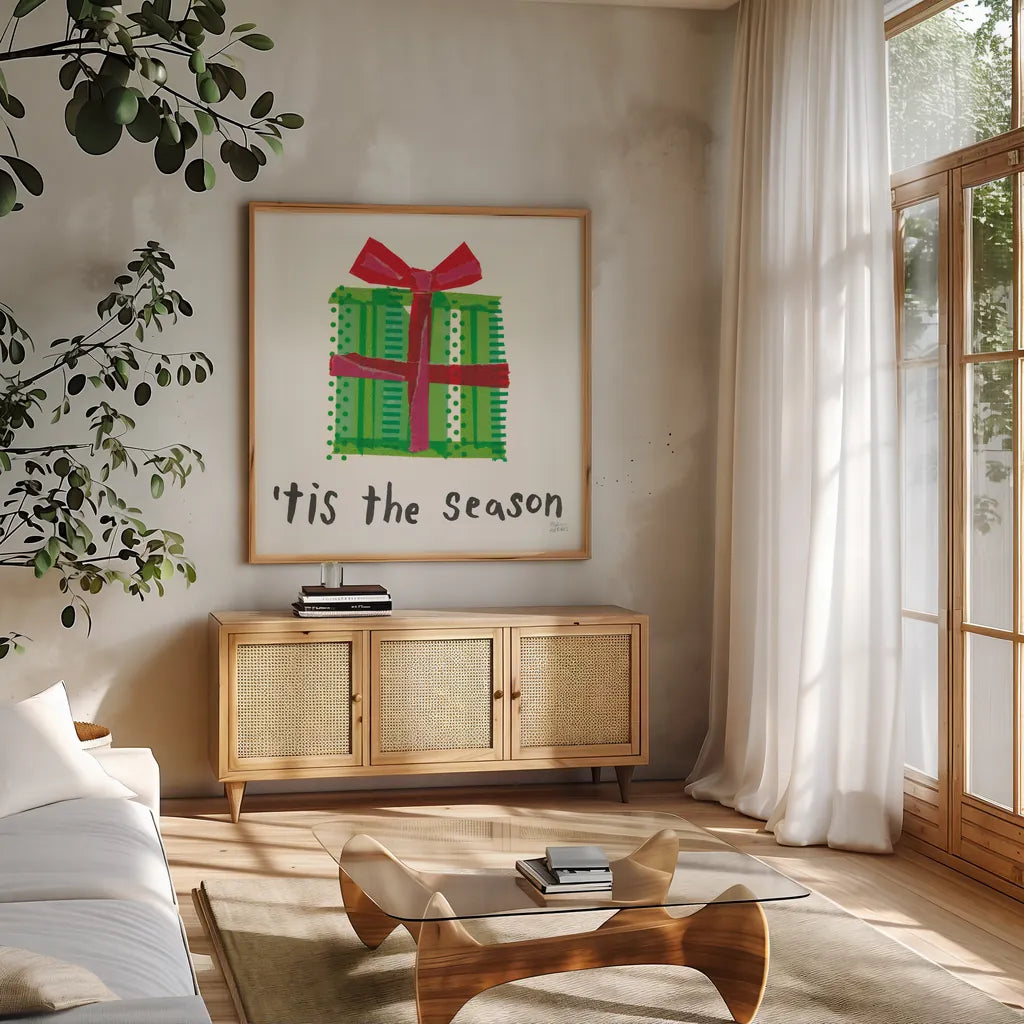 Joyful Season III by Melissa Averinos. Shown in a natural wood frame in a cozy modern living room. Available as an archival giclee rolled canvas, fine art paper, or poster print. SKU 35344a.