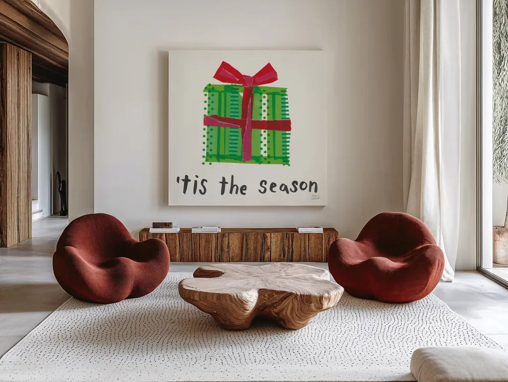 Joyful Season III by Melissa Averinos. Shown as extra-large giant wall art in a modern living room. Available as an archival giclee rolled canvas, fine art paper, or poster print. SKU 35344a.