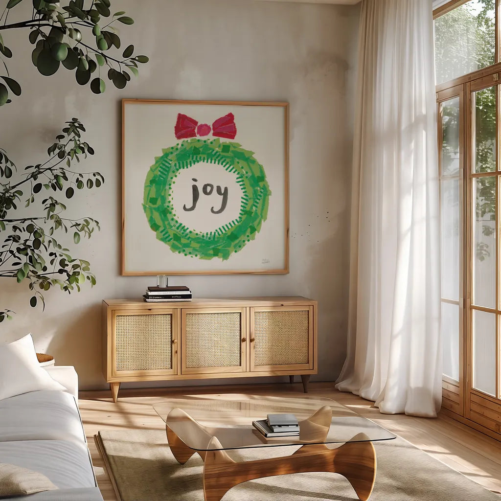 Joyful Season IV by Melissa Averinos. Shown in a natural wood frame in a cozy modern living room. Available as an archival giclee rolled canvas, fine art paper, or poster print. SKU 35345a.