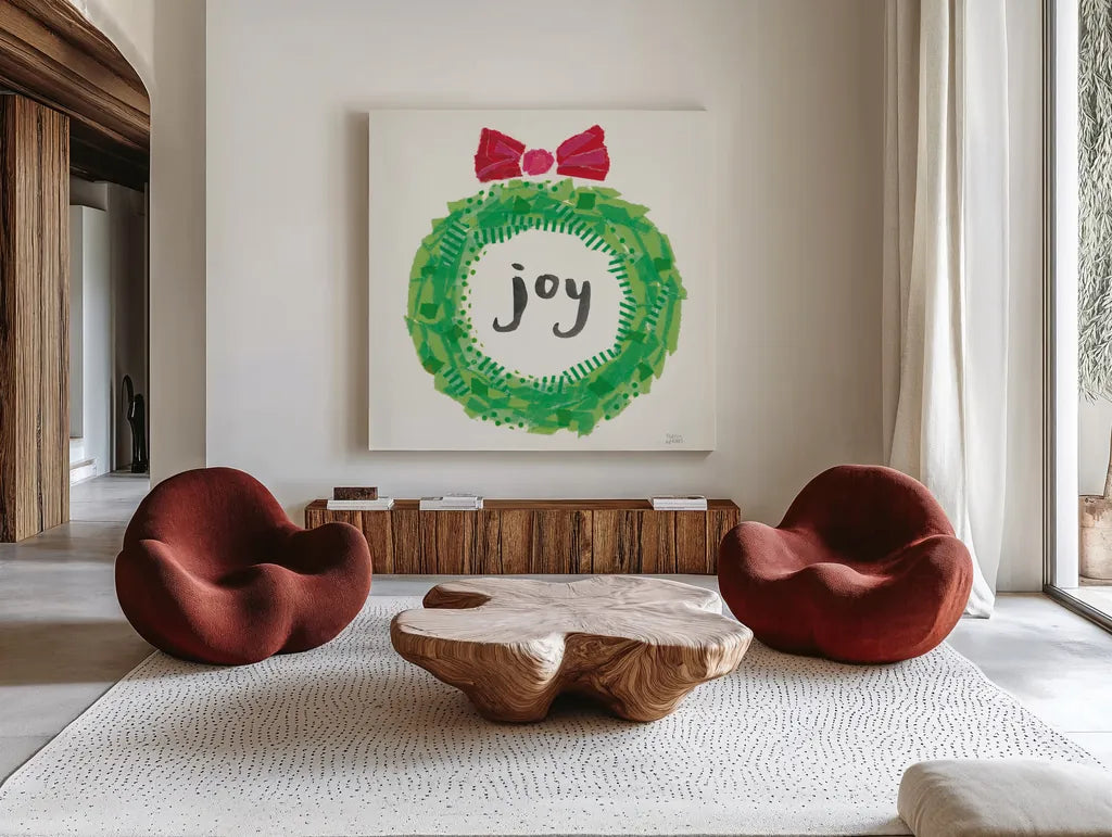 Joyful Season IV by Melissa Averinos. Shown as extra-large giant wall art in a modern living room. Available as an archival giclee rolled canvas, fine art paper, or poster print. SKU 35345a.