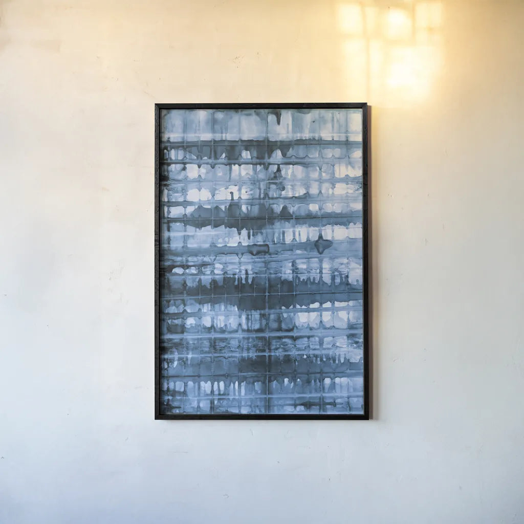 Kanari I Indigo by Melissa Averinos. shown as a paper print in a black flame. Available as a archival giclee rolled canvas, fine art paper, or poster print. SKU 43113h.